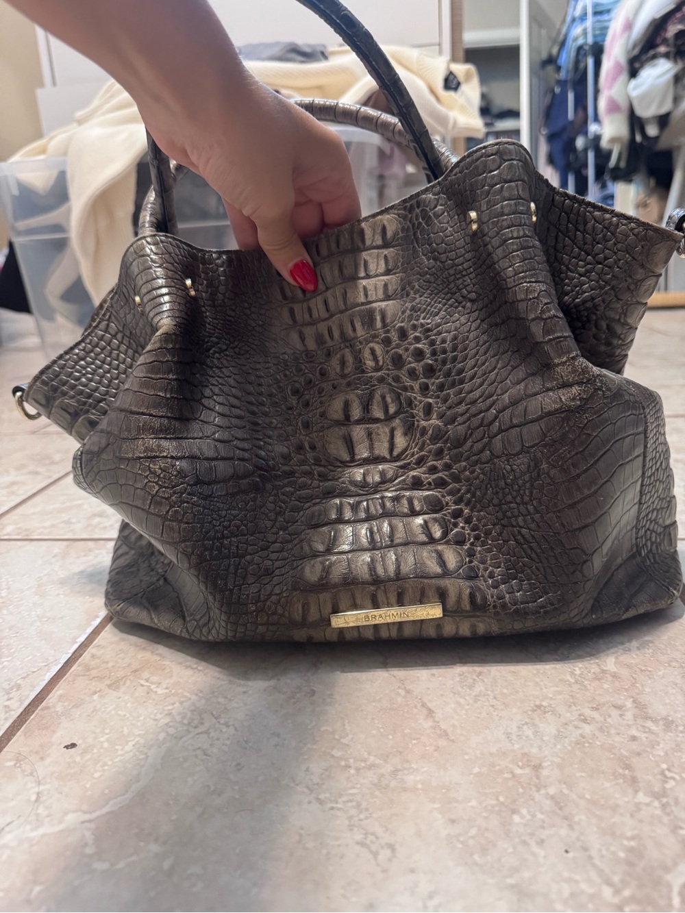 Brahmin Croc-Embossed Shoulder Bag - Dark Grey - Picture 1 of 3